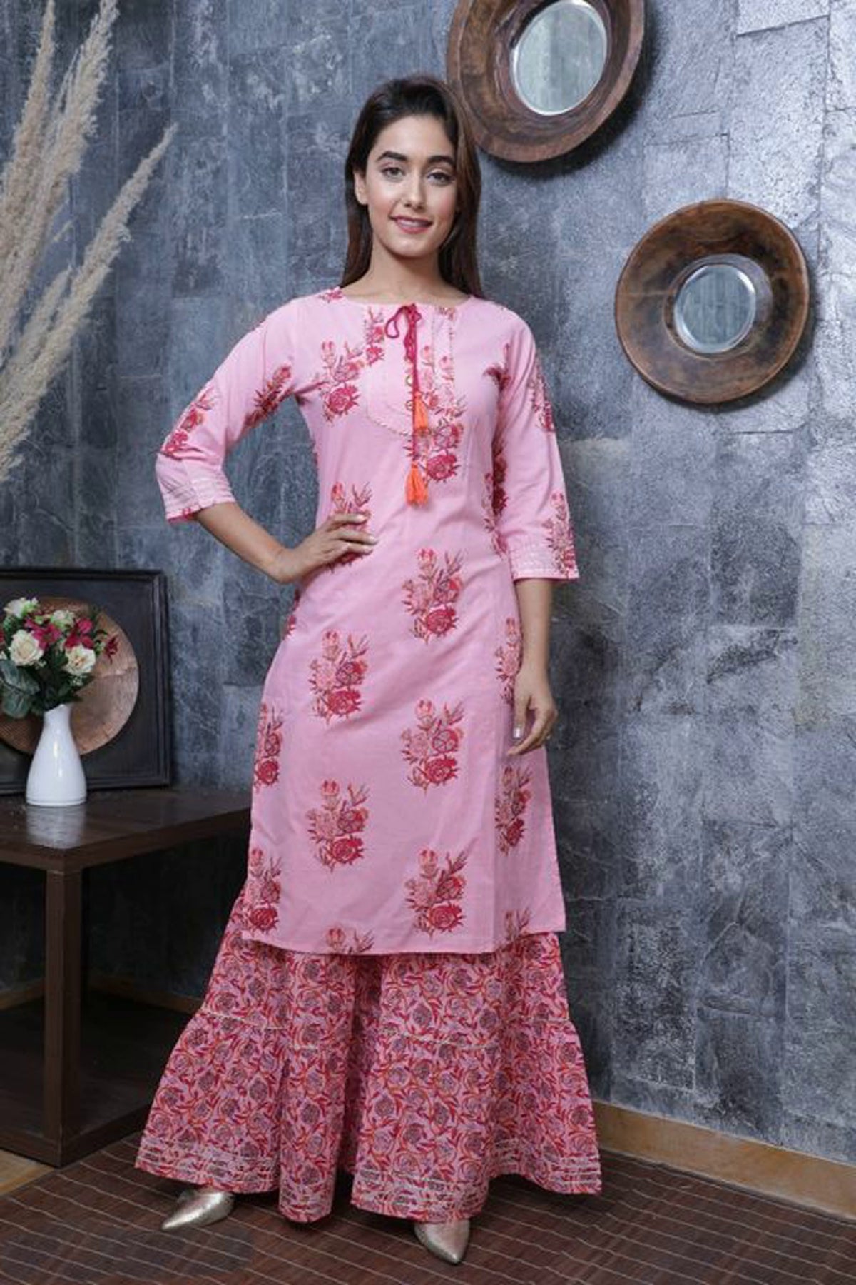 Straight style Cotton fabric Pink color Leheriya kurti with Thread, Zari &  Mirror work